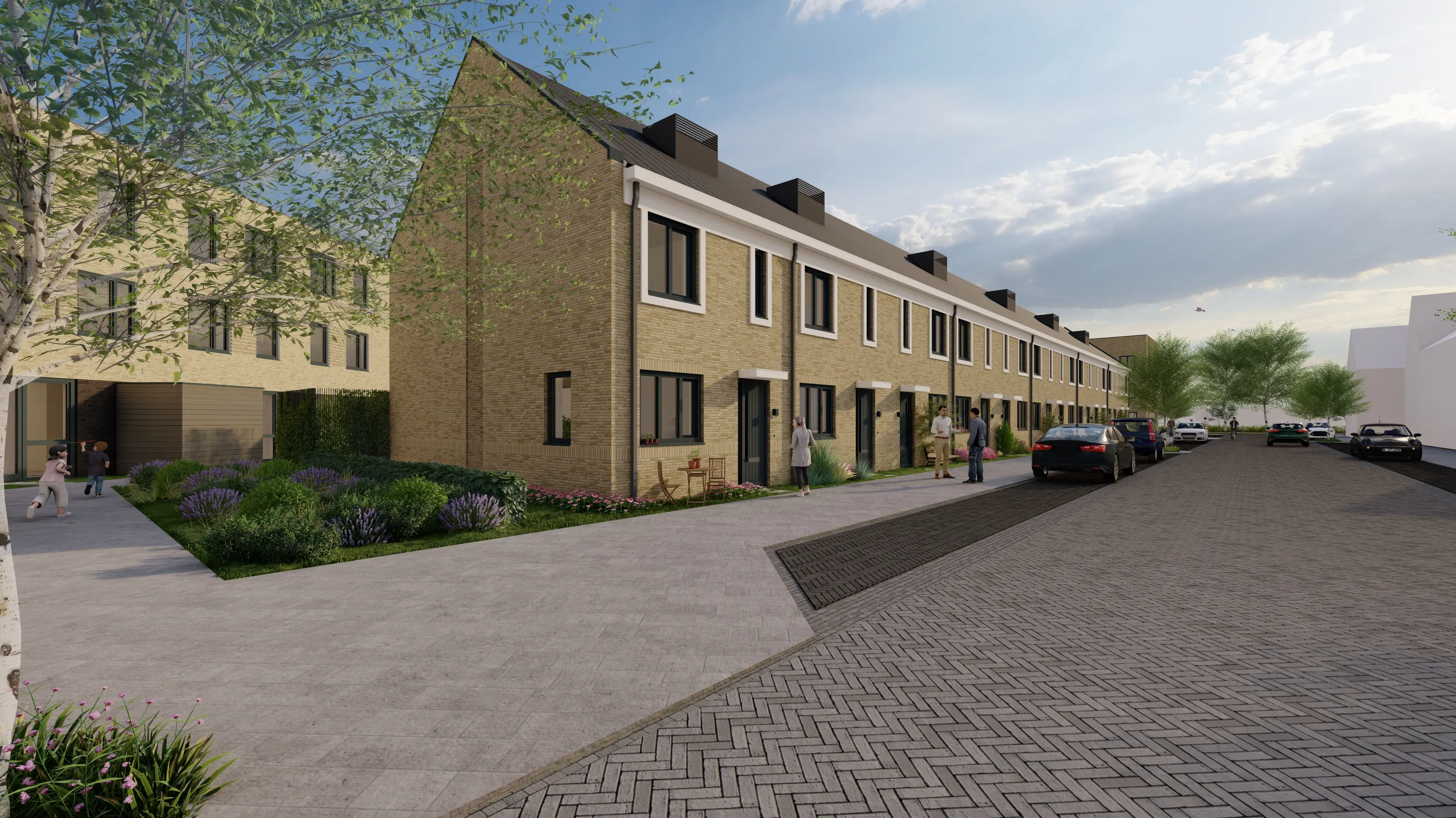 Architectuur render van duurzame rijtjeshuizen in woonwijk in Beverwijk