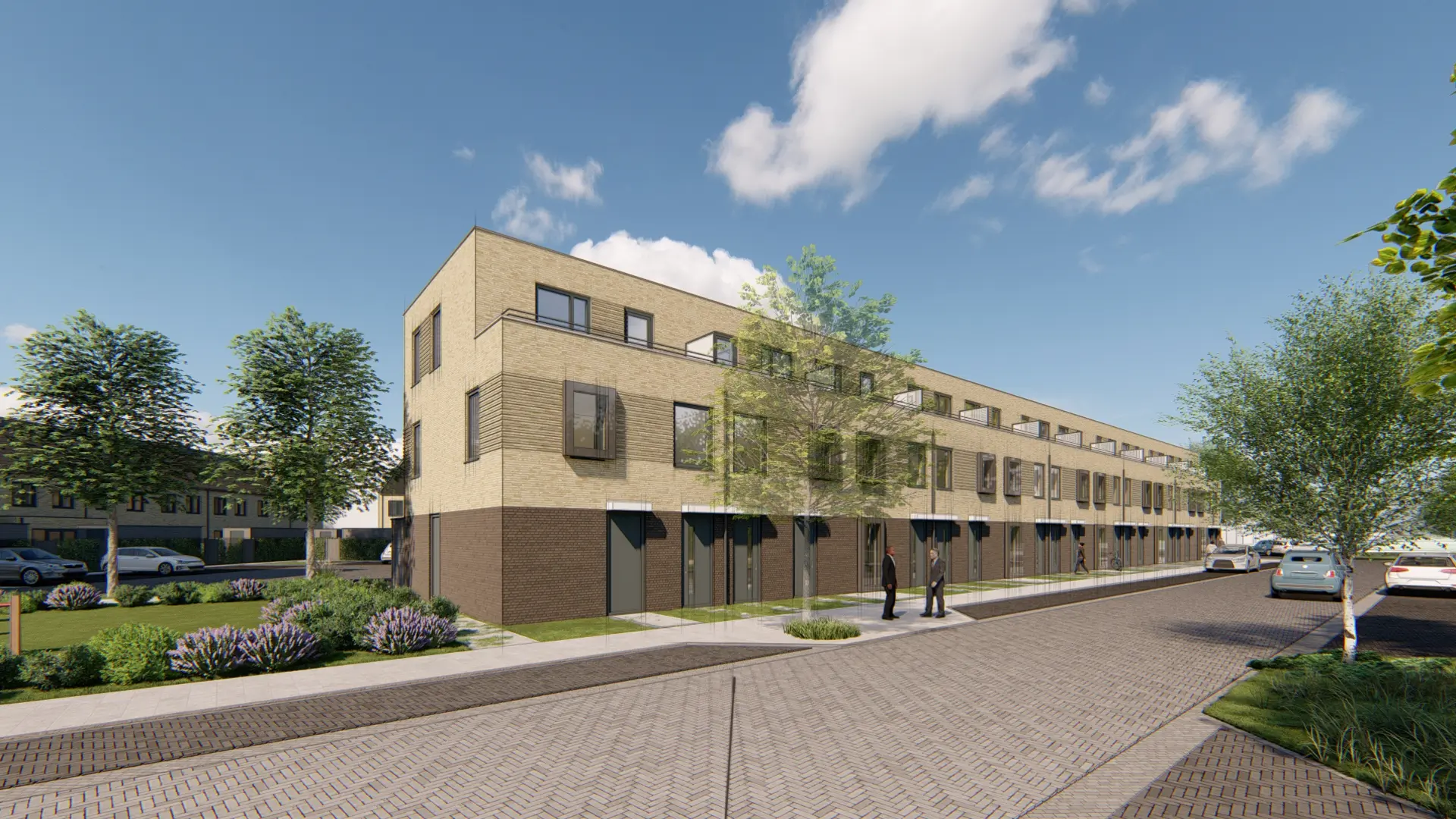 Architectuur render duurzame woningbouw rijwoningen Beverwijk