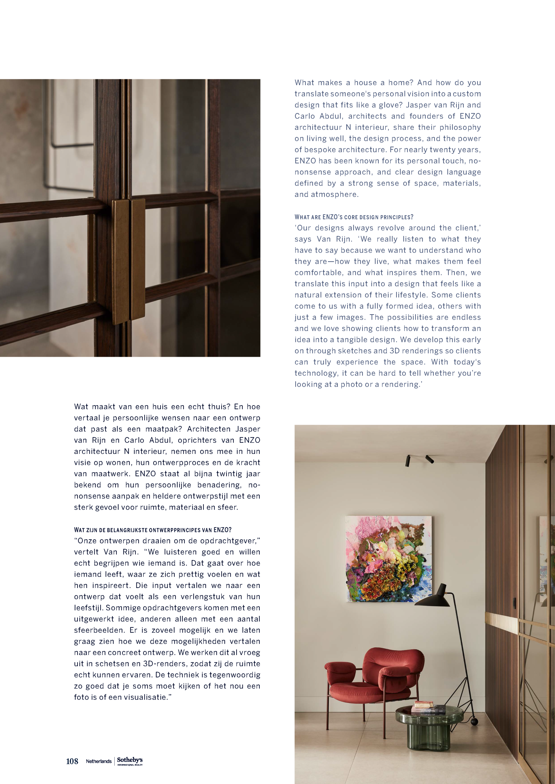 een pagina uit Sotheby's realty magazine met tekstvlakken, linksboven een detail foto van een interieur van een glazen deur met notenhouten roedes en rechtonder een interieurfoto met een rode design stoel, kleurrijk kunstwerk aan de muur en een houten muur en messing detail